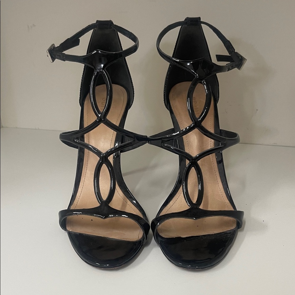 SCHUTZ Glossy Black Strappy Heels 4”